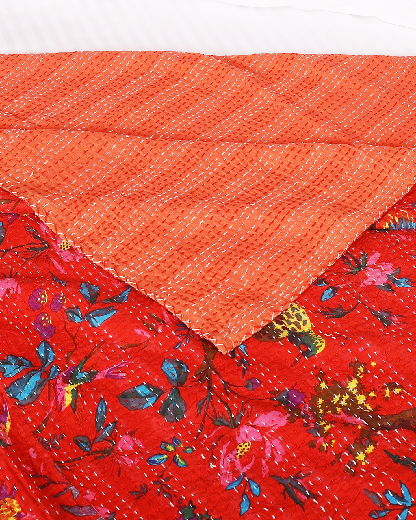 Red Handblocked Printed Hand Kantha Double Bed Dohar/Bed Cover